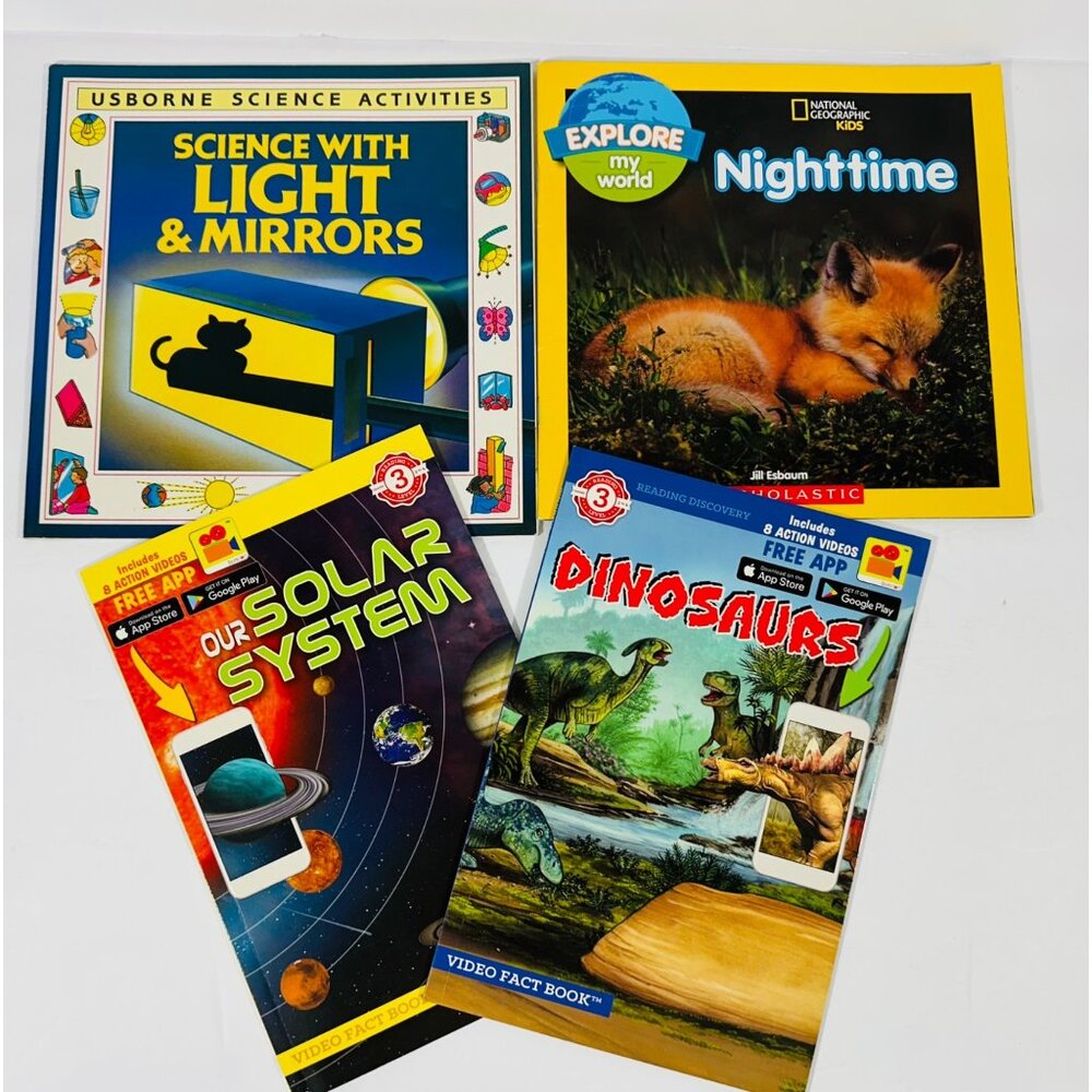 Usborne & Scholastic Science Kids Books Bundle Light & Mirrors Nighttime Dinosau